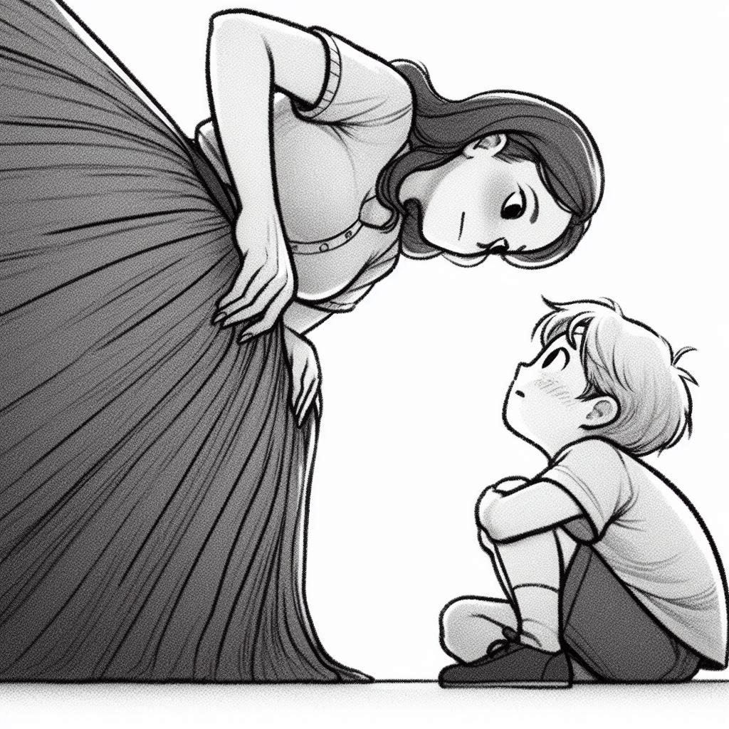 a worm's eye view of a child grasping at the skirt of a woman teacher wearing a long drab skirt, the child is crying and entreating, the woman's face is far above and obscured