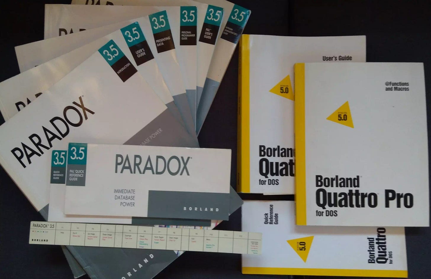 Covers of volumes of documentation for Borland’s database Paradox and spreadsheet Quattro Pro