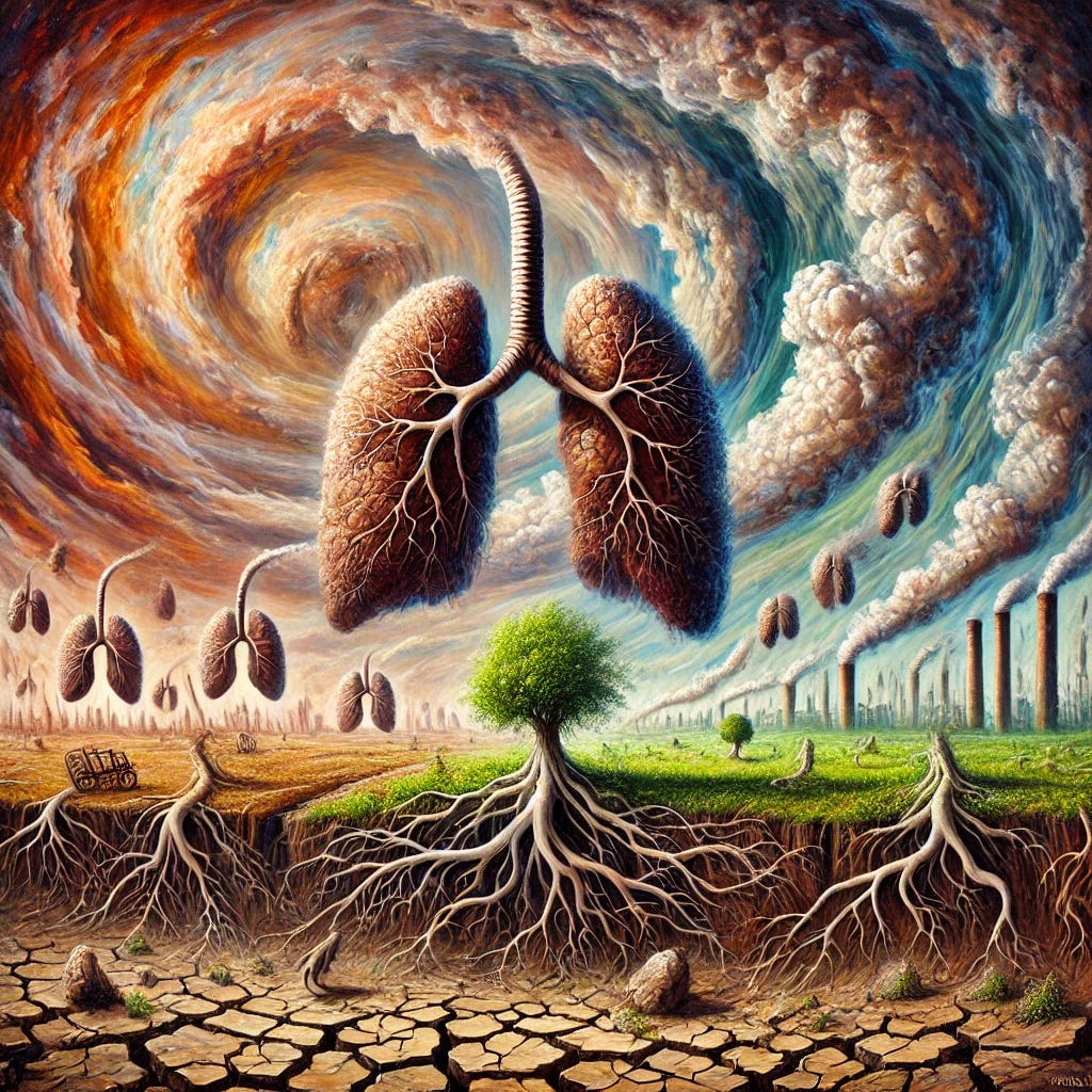 An evocative oil painting depicting the interconnected environmental and societal factors affecting respiratory health, shown as a dynamic, surreal landscape. In the scene, swirling skies represent atmospheric conditions like humidity and pressure, their turbulence affecting a series of fragile lungs suspended in the air. The lungs are connected by roots to the ground, symbolizing socioeconomic factors and human stress. The foreground features a stark contrast of vibrant greenery against desolate, cracked earth, illustrating disparities in access to resources and care. In the background, abstract representations of care homes and medical interventions blend with natural elements to suggest complex relationships. The painting uses expressive strokes, bold contrasts, and a deep, rich color palette, conveying both resilience and vulnerability.