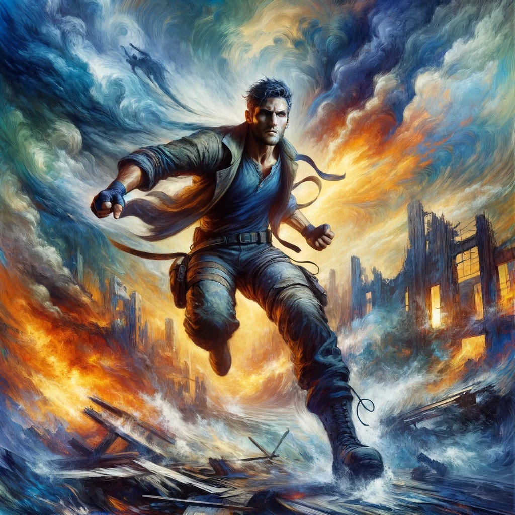 A dynamic painting of a man poised and ready to fight against a world of chaos and destruction. The man, in the foreground, is depicted in a powerful stance, muscles tense, and expression determined, as if ready for action. He is dressed in sturdy, practical attire suitable for combat. The background is a vivid portrayal of a chaotic world, with crumbling buildings, raging fires, and swirling storm clouds. This scene embodies the spirit of determination and readiness to face and overcome challenges.
