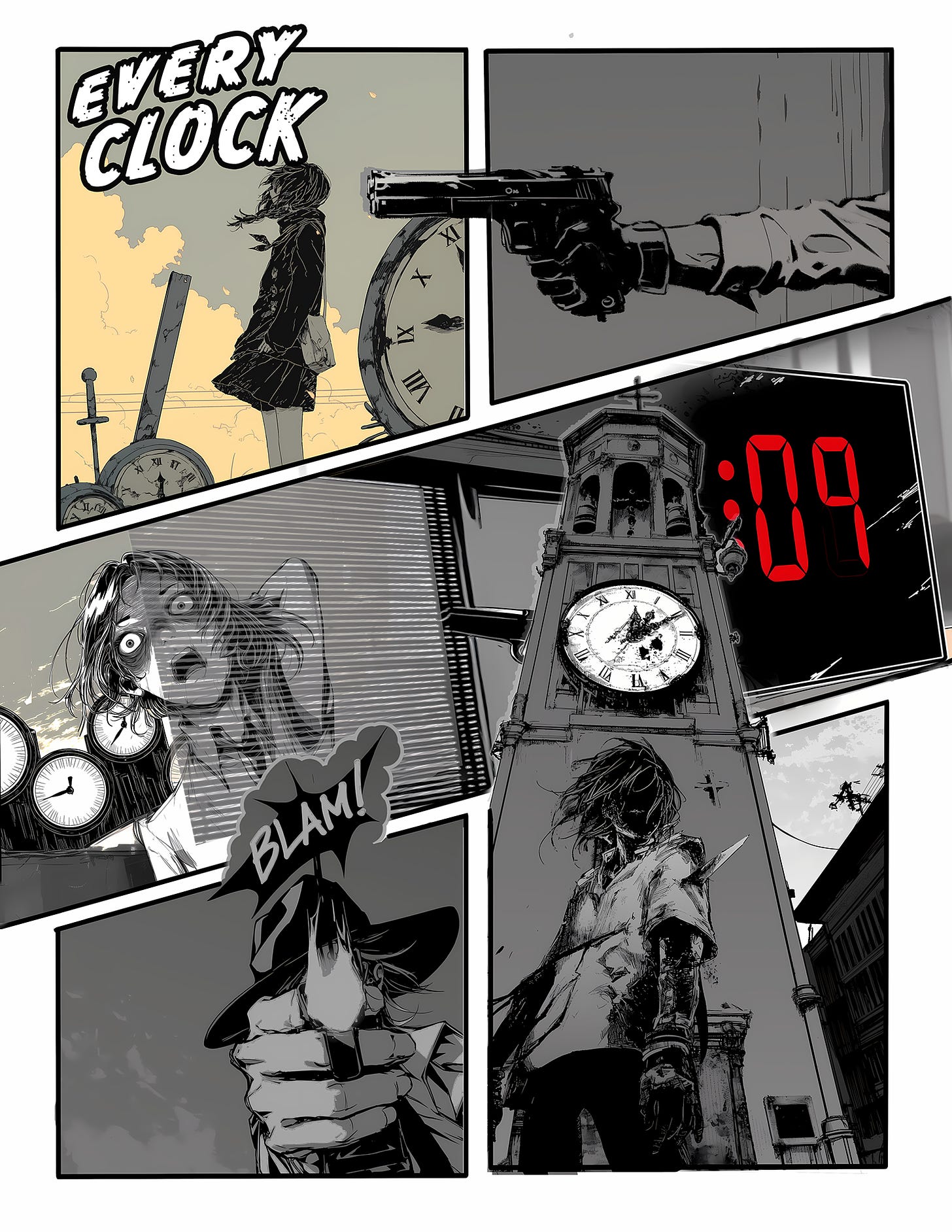 Comic-style illustration depicting the autistic experience of time. Six panels in stark black, white, and gray with splashes of yellow and red. Title "EVERY CLOCK" at top left. Panel 1: Silhouette of a person facing multiple clocks. Panel 2: Close-up of a hand pointing a gun at a clock face. Panel 3: Digital clock showing "09" in red. Panel 4: Person with wide, stressed eyes surrounded by clock faces. Panel 5: Sound effect "BLAM!" with person's face recoiling. Panel 6: Large clock tower looming over a small figure. The composition creates a sense of urgency, stress, and being overwhelmed by time. Stark contrasts and dynamic angles heighten the emotional impact, reflecting the often intense and fragmented perception of time experienced by many autistic individuals. The gun imagery suggests the violent pressure of time constraints in a neurotypical world.