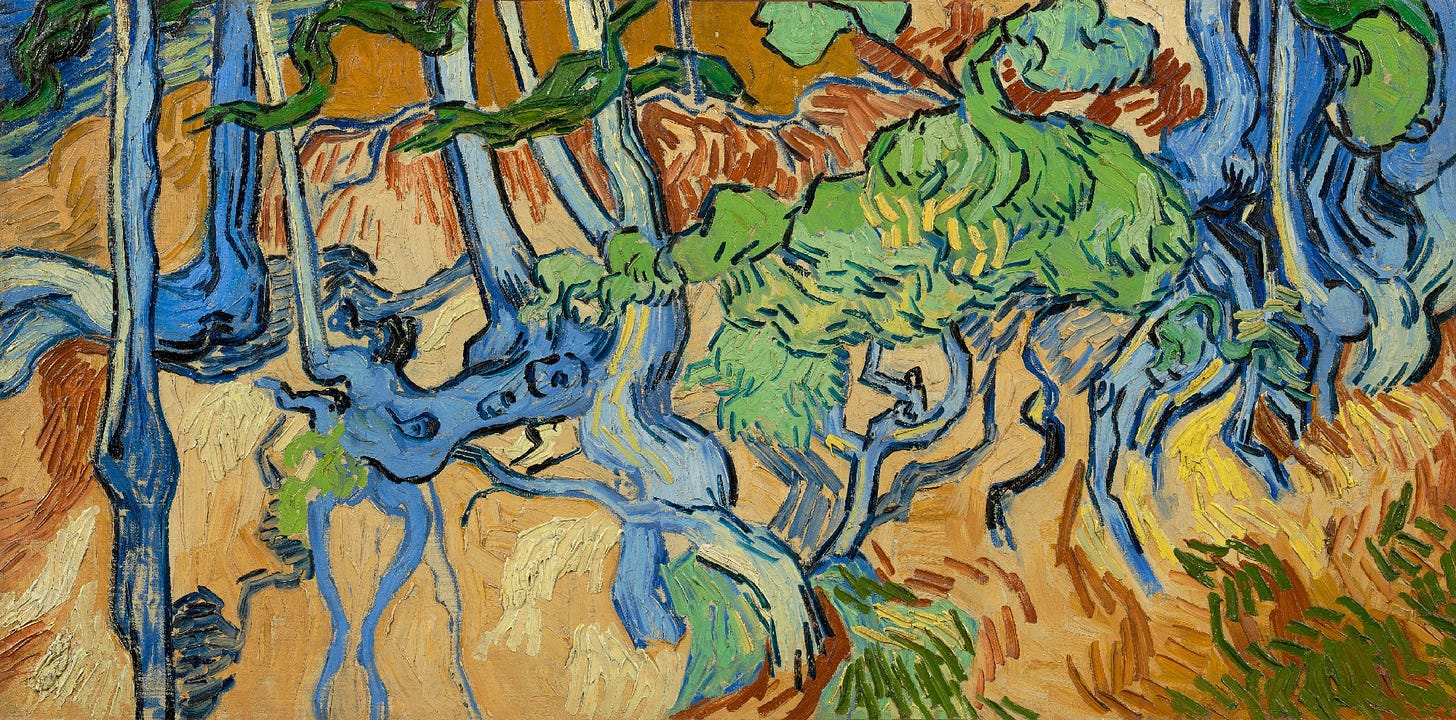 Pintura de Van Gogh. As principais cores usadas foram marrom e azul e alguns detalhes em verde e amarelo. O fundo dele é marrom e há várias ramificações, representado as raízes, em azul.