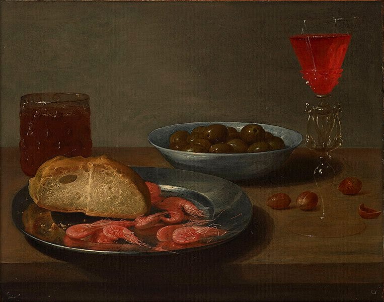 File:Jacob Foppens van Es - A plate with prawns and a roll, a bowl with olives, a façon de Venise, a glass of beer and almonds on a table.jpg