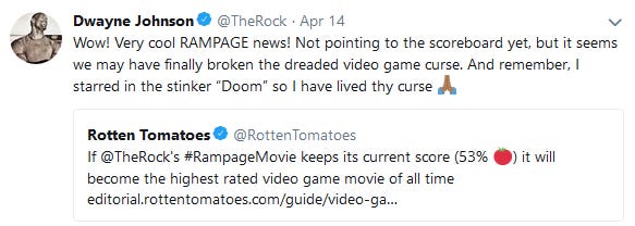 dwayne johnson tweet about rampage box office