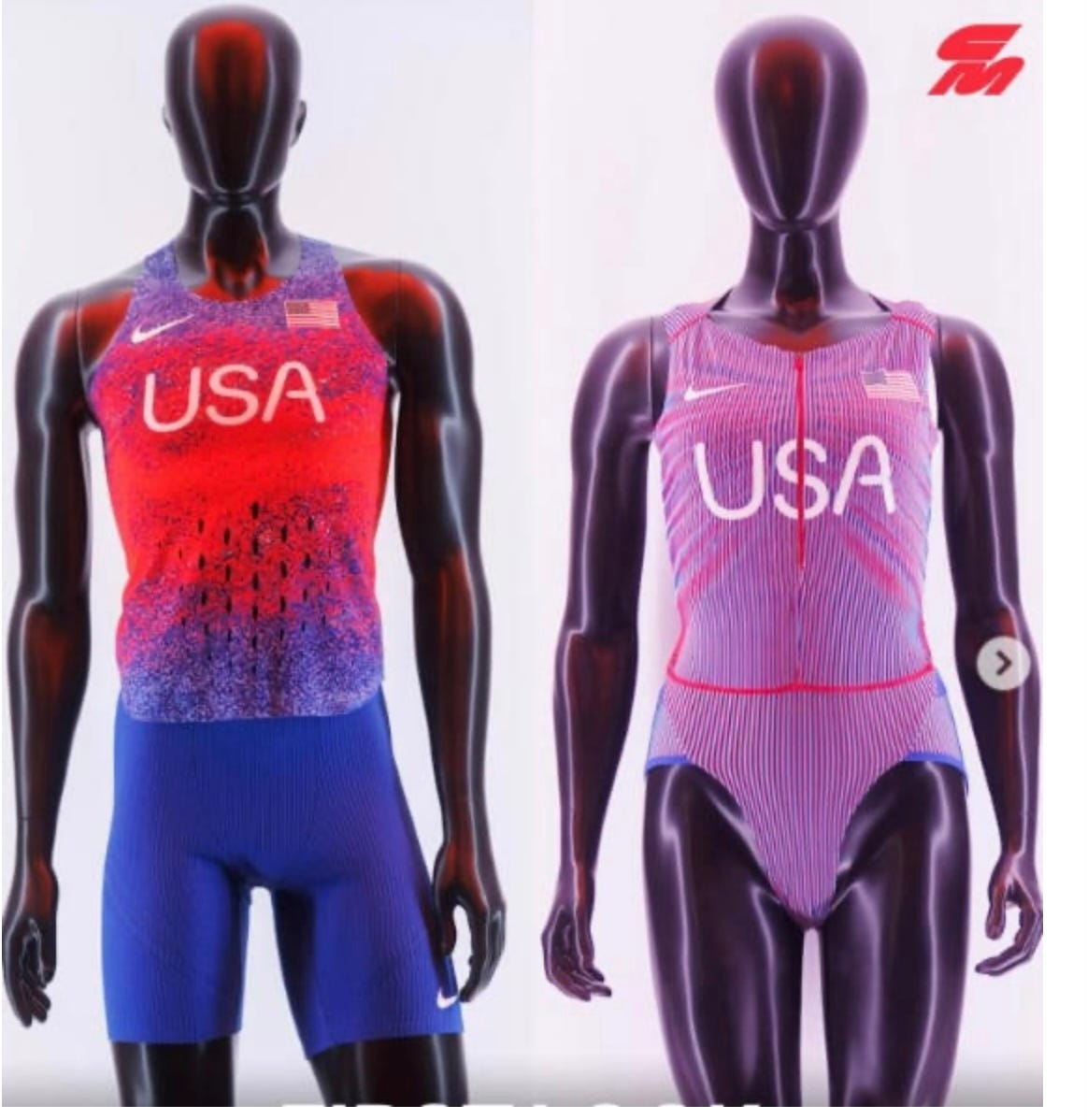 A photo of two mannequins wearing USA kit for the Paris Olympics. The female manniquin's kit is so revealing that it would require a Brazilian wax and additional underwear.