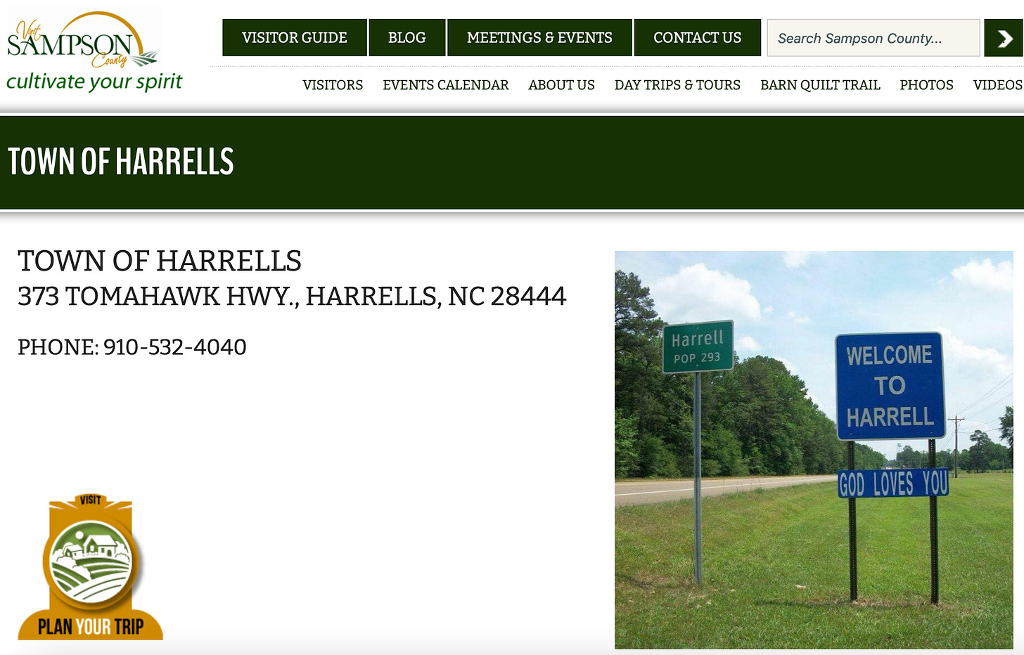 website for town of harrells that has a picture saying "welcome to harrell"