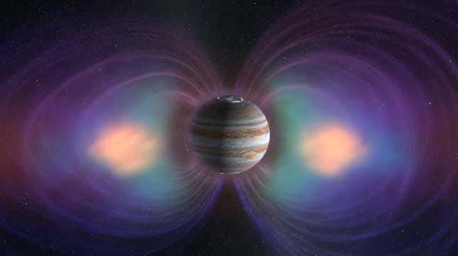 An artist's concept of the inner part of Jupiter's magnetosphere.