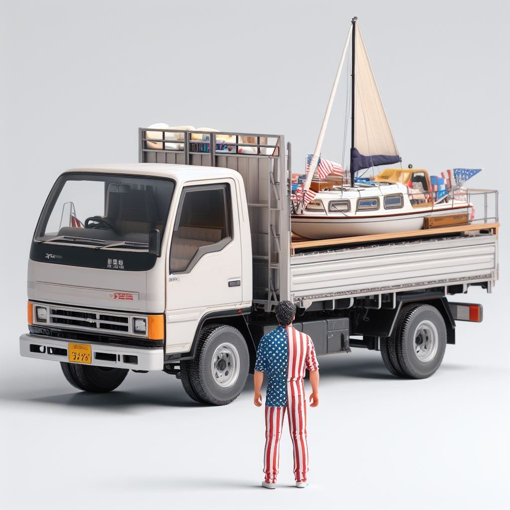 A photo-realistic image highlighting a real-sized Japanese KEI truck, approximately 3.4 meters in length, during daytime. The truck's flatbed is loaded with various items, and it's hauling a small sailboat. Beside the truck stands an American man wearing an outfit adorned with an American flag design.