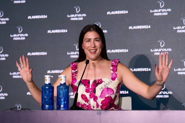Garbiñe Muguruza speaks to the media during a press conference ahead of the Laureus World Sport Awards Madrid 2024 on April 20, 2024 in Madrid, Spain.