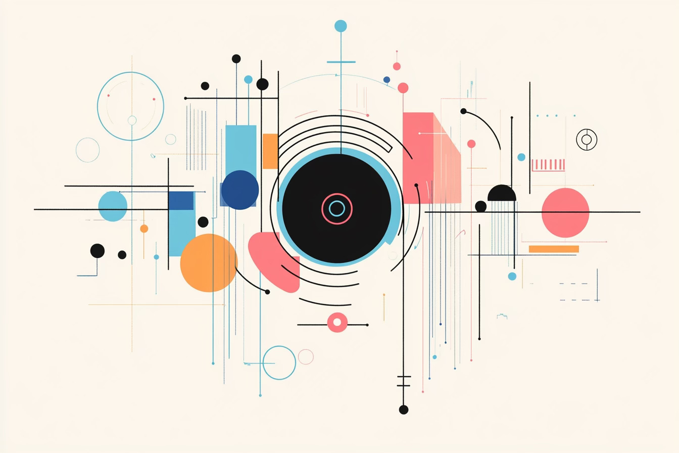 Minimalist vector-style abstract illustration symbolizing AI integration into an organization. A central black circle with concentric rings represents an intelligent AI core, surrounded by a balanced arrangement of geometric shapes—lines, circles, and rectangles—in Electric Blue, Sunset Pink, and Sunshine Yellow. The interconnected elements suggest data flow, systems coordination, and organizational structure. The clean layout and use of negative space reflect clarity, structure, and modern design, in line with the Multilogue brand aesthetic.