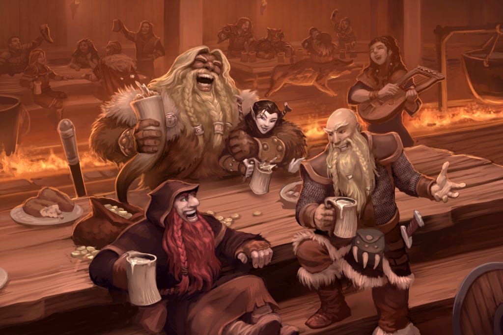 Four Norse-ish warriors enjoying mead in a hall.