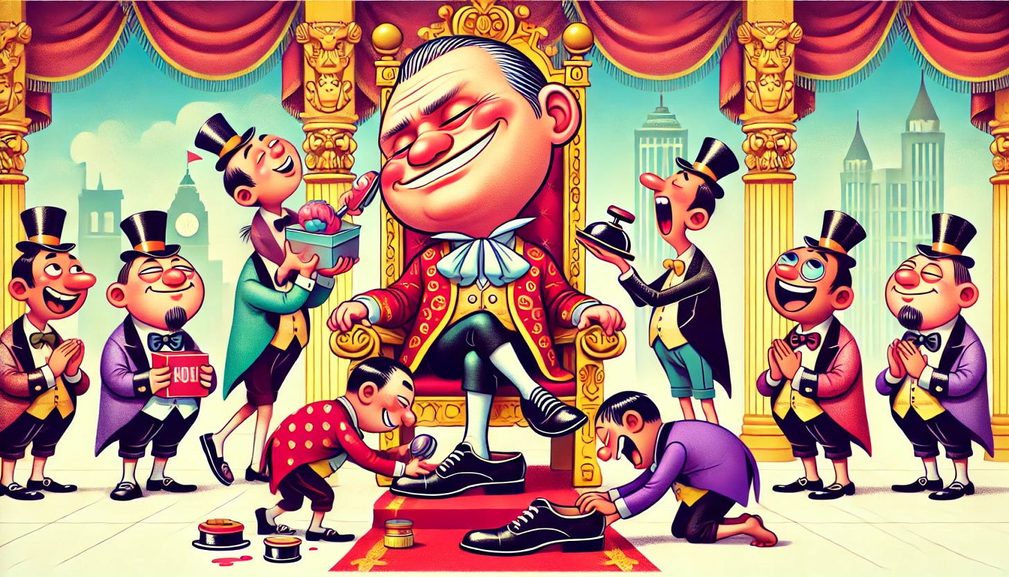 A playful caricature of a generic leader with exaggerated features, such as a large head and proud posture, being humorously pampered by a group of followers. The followers are shown offering him gifts, polishing his shoes, and showering him with exaggerated praise, all with big smiles and over-the-top expressions. The scene is colorful and lighthearted, with a fun, humorous tone, set against a grand background like a palace or official building to emphasize the leader's self-importance.