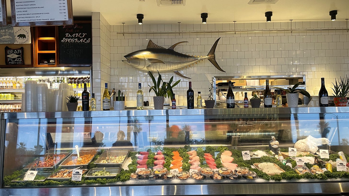 The Seafood counter displaying freshly caught fish at Bear Flag Fish Co in Huntington Beach, California