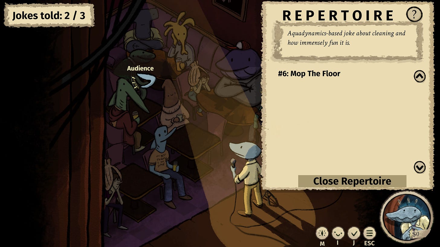 A screenshot of the upcoming game Clam Man 2: Headliner showing Clam Man on stage telling jokes to an audience, with a repertoire of jokes menu to the right.