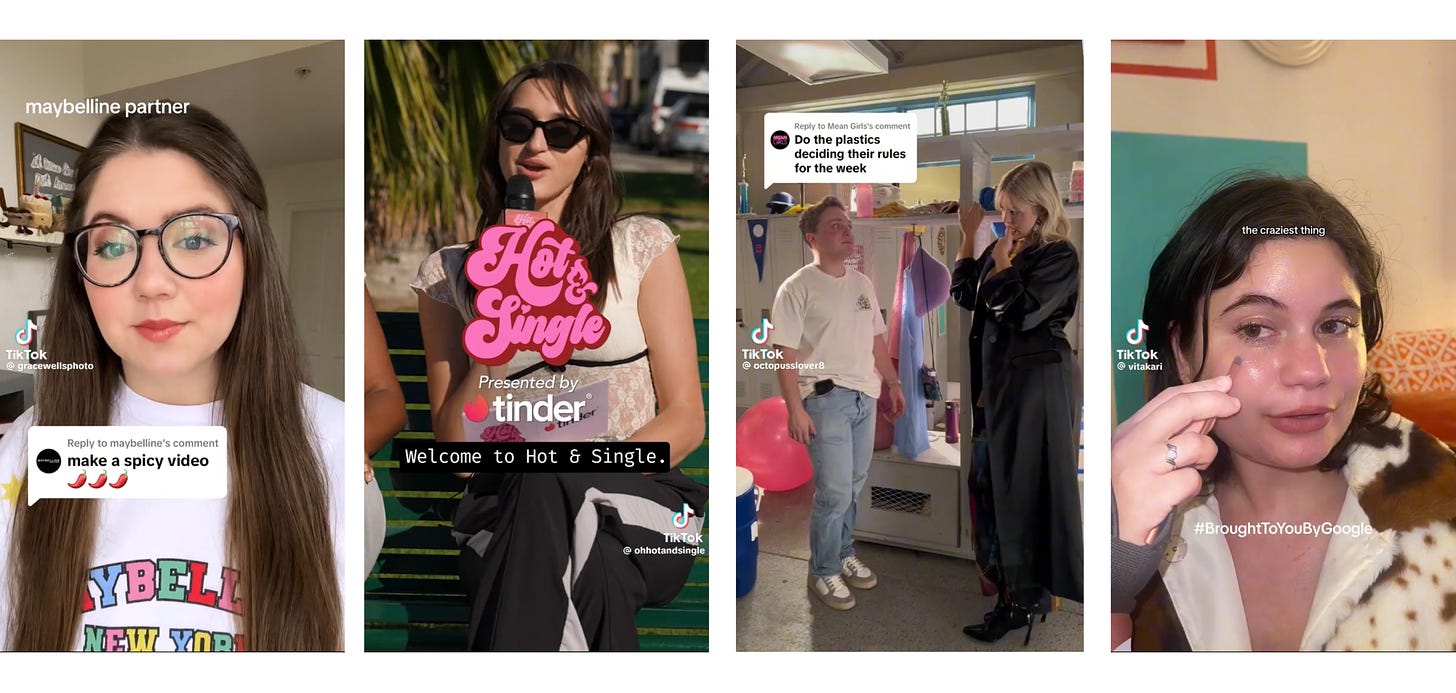 TikTok screenshots from creators Grace Wells sponsored by Maybelline, Hot and Single sponsored by Tinder, Jake Shane sponsored by Mean Girls and Vita Kari sponsored by Google Workspace