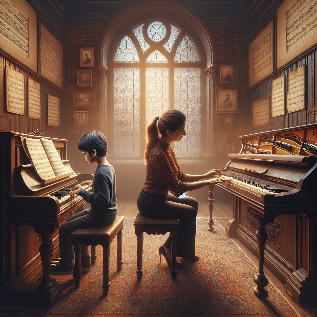 An AI-generated image of a woman and a boy sitting back to back with each playing a piano.
