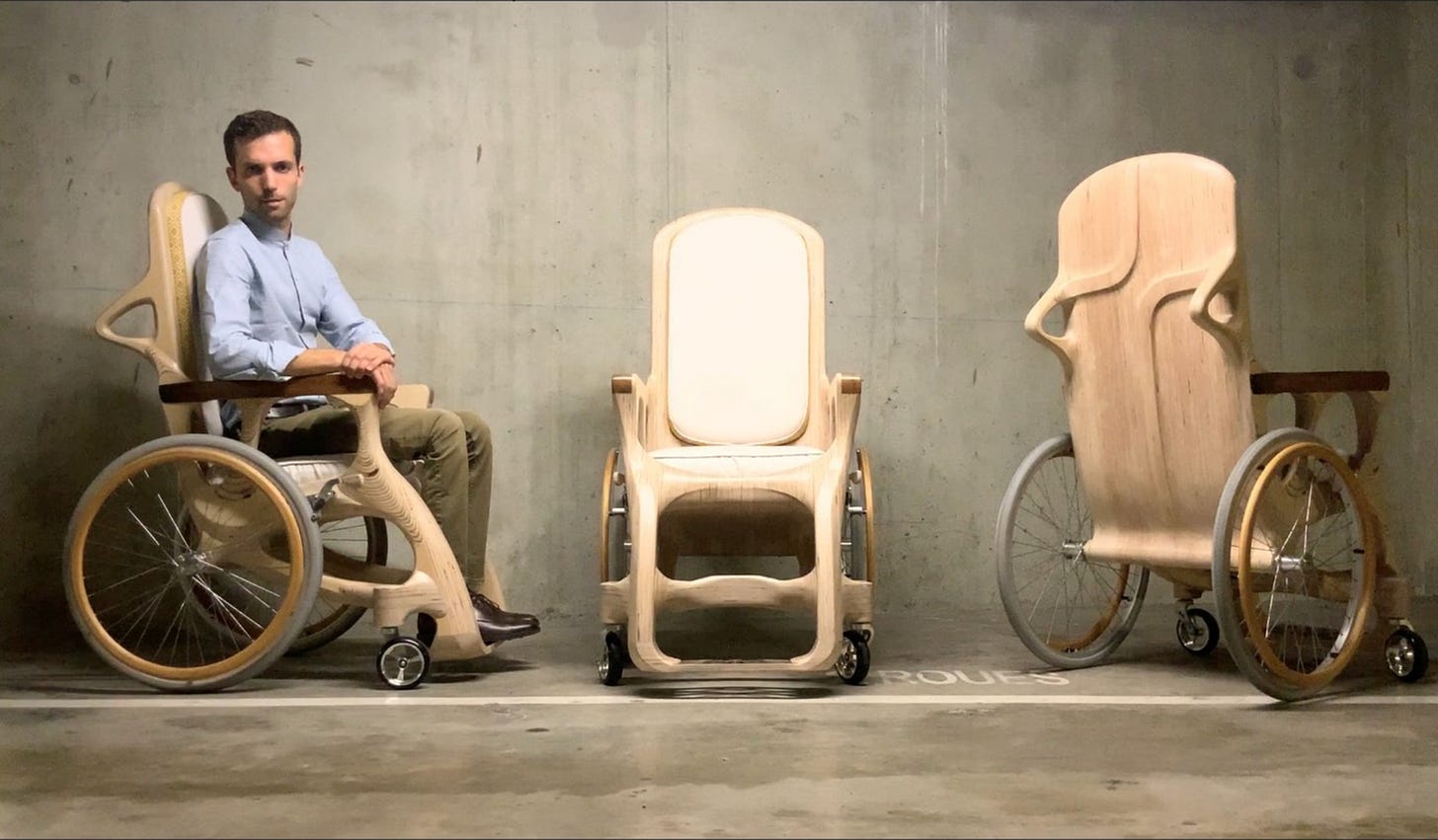 A white disabled designer sits in a wooden wheelchair, with images of the chair from 3 angles.