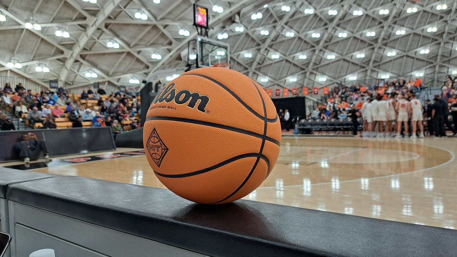 An NIT-branded game ball at rest during Princeton’s 84-77 NIT loss to UNLV on March 20, 2024. (Photo by Adam Zielonka)