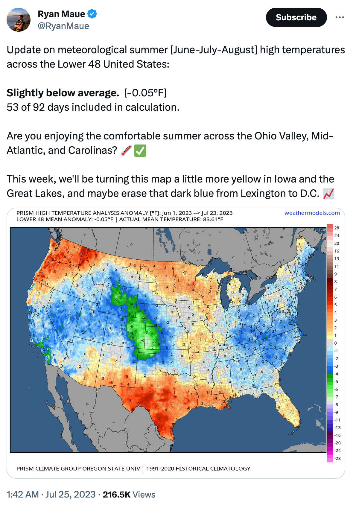 Maue tweet on local temps