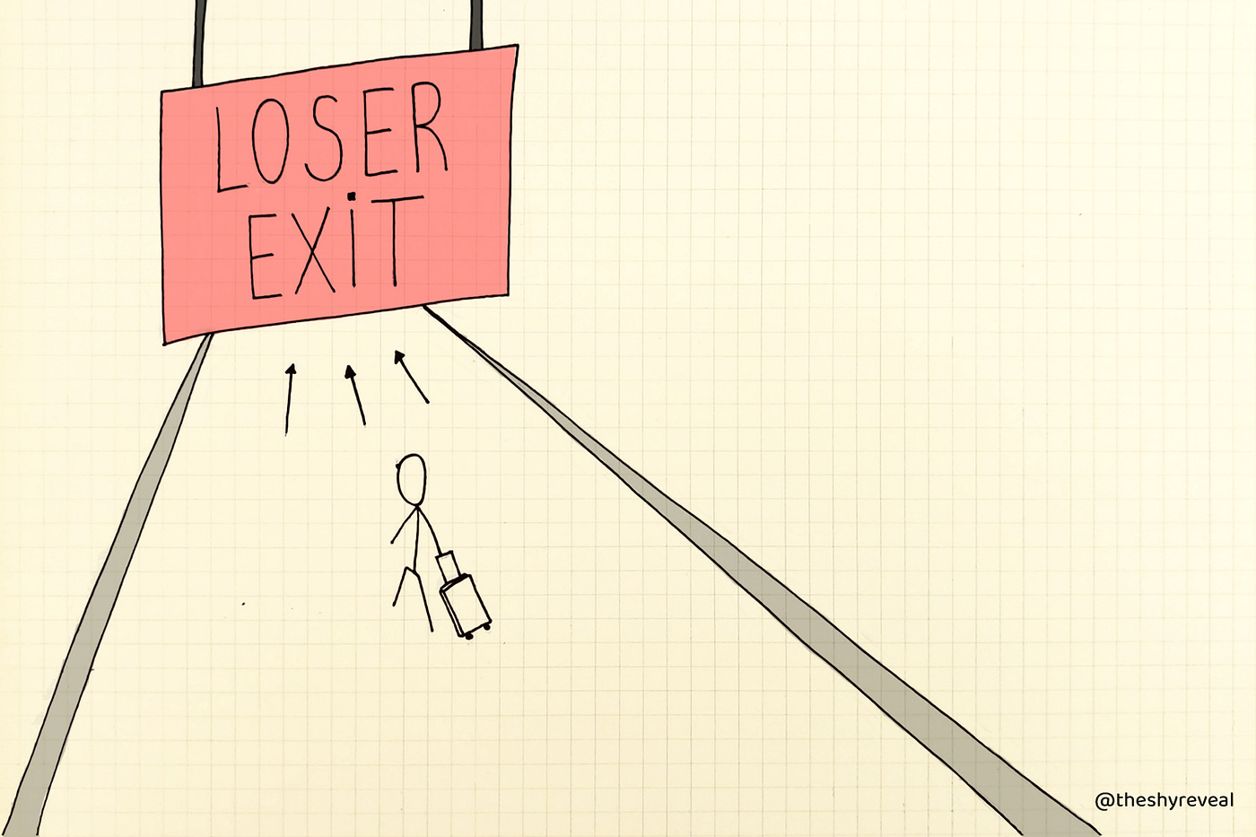 Stick figure with luggage walking towards the exit that says: “Loser Exit”.