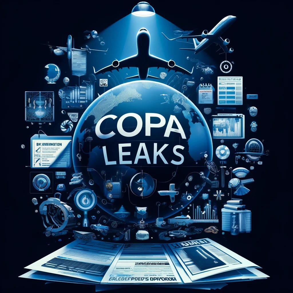 Create an image that embodies the concept of 'Copa Leaks' in the style of an impactful, attention-grabbing front page or cover art. The image should visually communicate the idea of confidential or insider information being exposed about Copa Airlines, akin to the theme of Wikileaks and other famous 'leaks'. Incorporate elements that suggest aviation, such as an airplane silhouette, parts of an airport, or a globe with flight paths, along with documents, folders, or digital data representations to symbolize leaked information. The design should evoke a sense of revelation, with 'Copa Leaks' prominently featured as the title. The overall feel should be intriguing and slightly mysterious, drawing the viewer in with the promise of undisclosed insights about Copa Airlines.