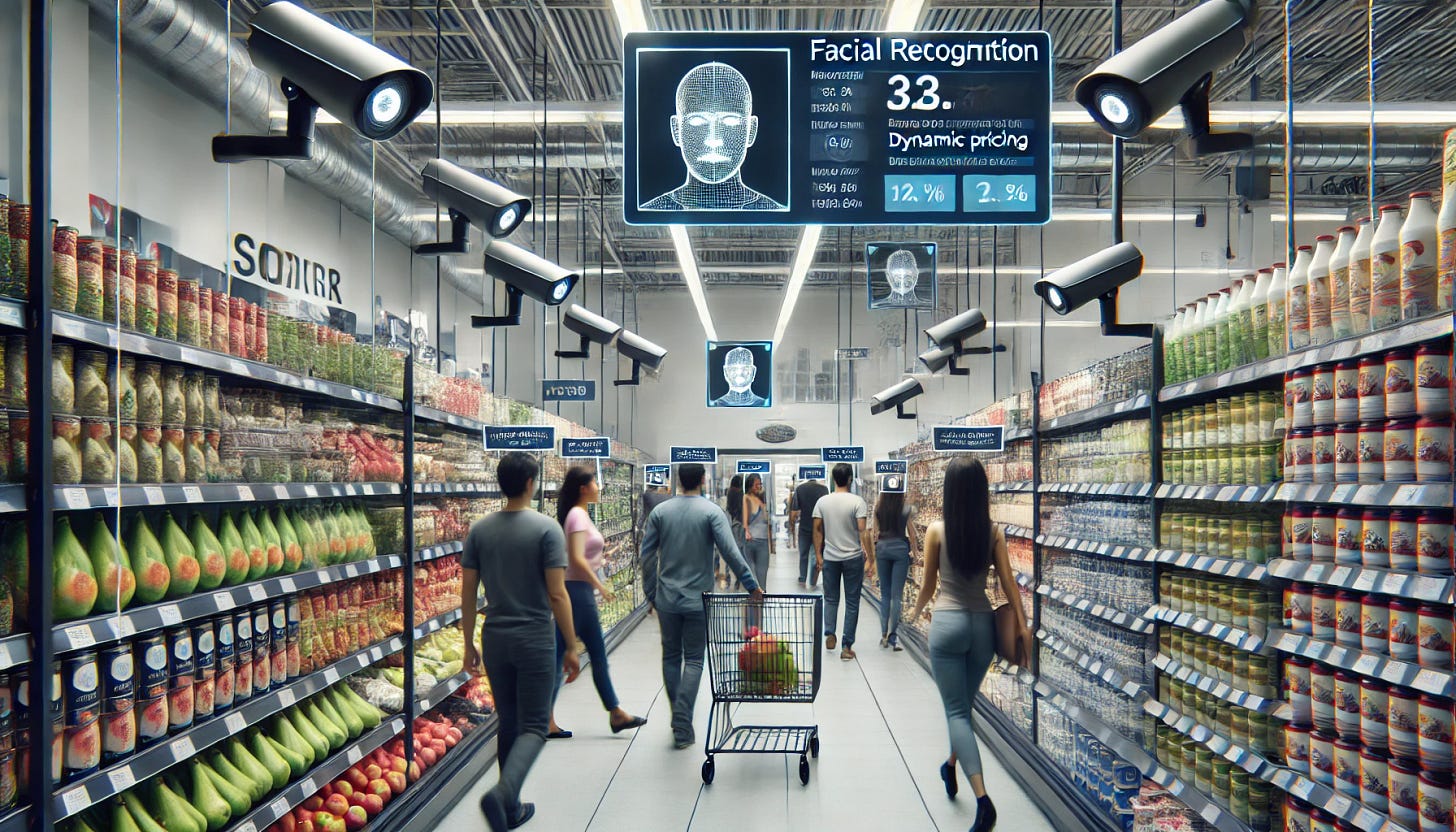 An AI-generated image of a supermarket scene with facial recognition technology.