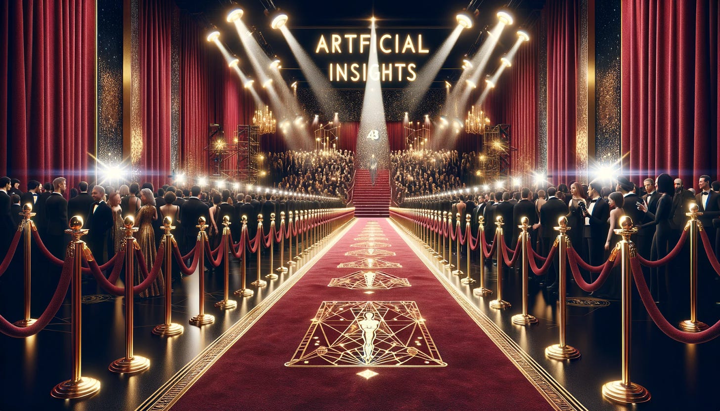 A lavish red carpet scene inspired by the Oscars. The carpet stretches into the distance, flanked by golden stanchions and velvet ropes. Crowds of elegantly dressed figures stand behind the ropes, their faces filled with anticipation. Camera flashes light up the scene. In the center of the image, above the red carpet, the text "Artificial Insights" is written in large, elegant, gold letters. Below the text, the number "43" is displayed in the same style and color. The atmosphere is festive and grand, capturing the glamour and excitement of a premier event.