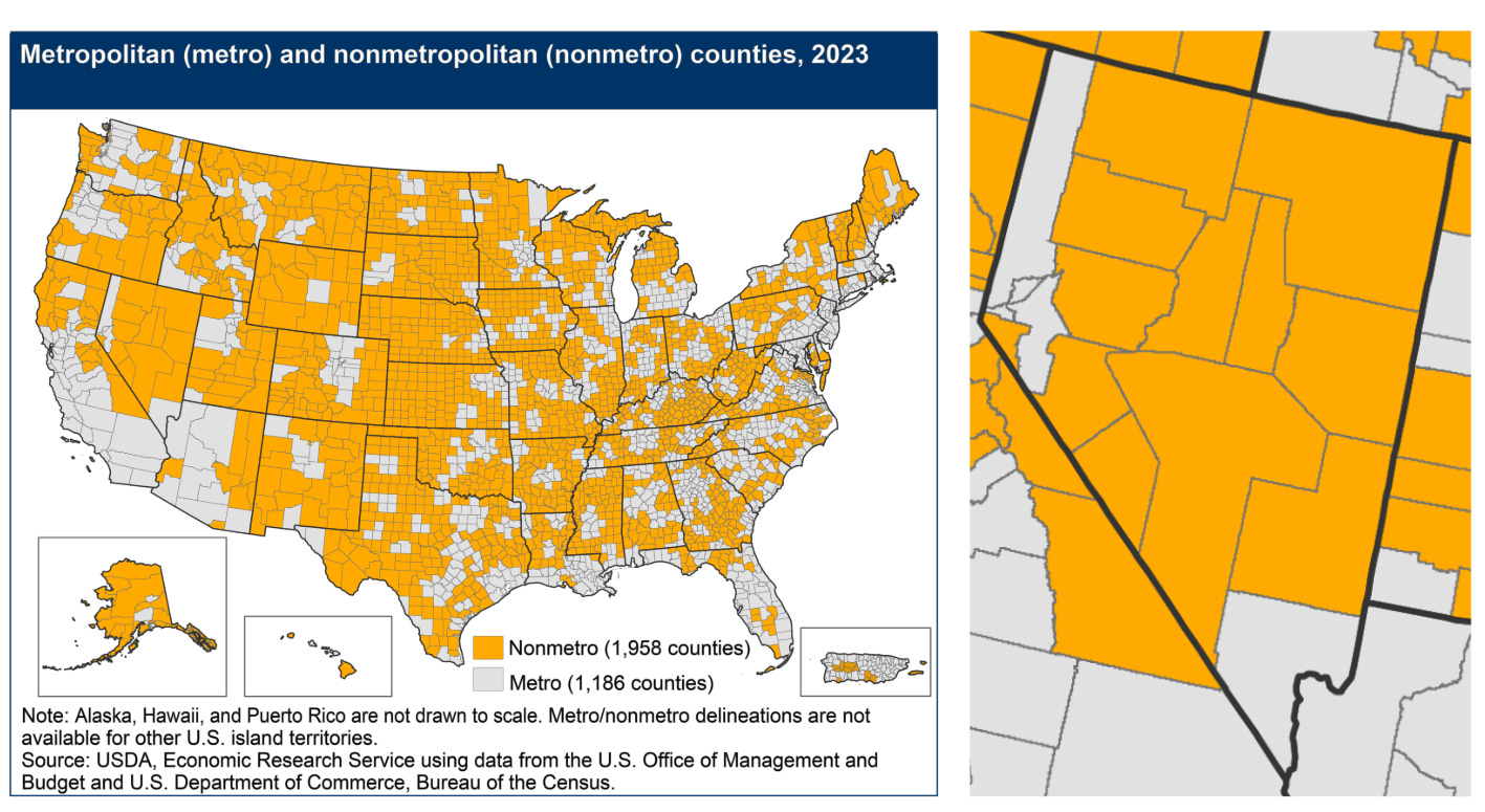 Map showing all the counties in the United States by metro (gray) or nonmetro (orange) status according to the USDA. A close-up of Nevada is shown with Clark, Washoe, Storey, Lyon, and Carson City as metro counties and the remaining 12 counties as nonmetro.