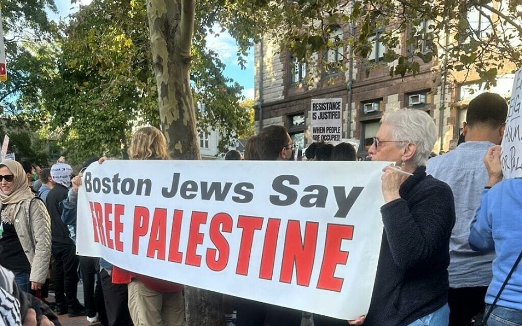 Jews against Israel rally the day after Hamas murdered 1,000 Israelis in Boston, October 8, 2023 (social media)