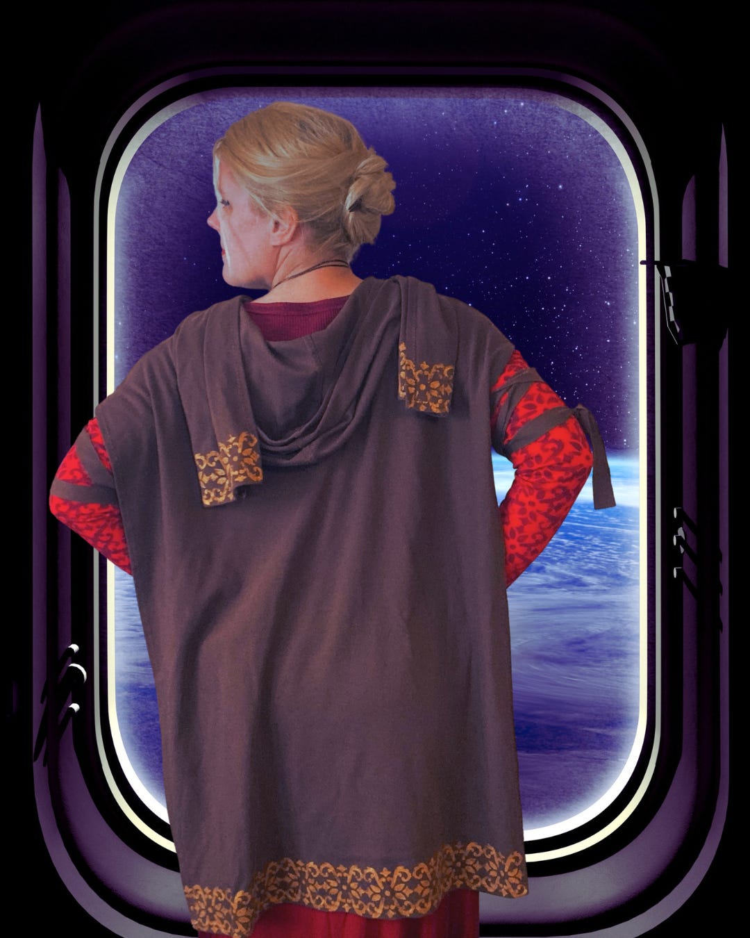 A pale-skinned blonde woman with her back to the camera, wearing a red skirt and brown cape-wrap, standing in front of a starship window