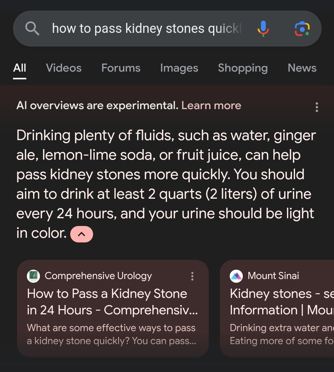 A Google search for "how to pass kidney stones quickly"; the Generative AI response suggests drinking your own urine.