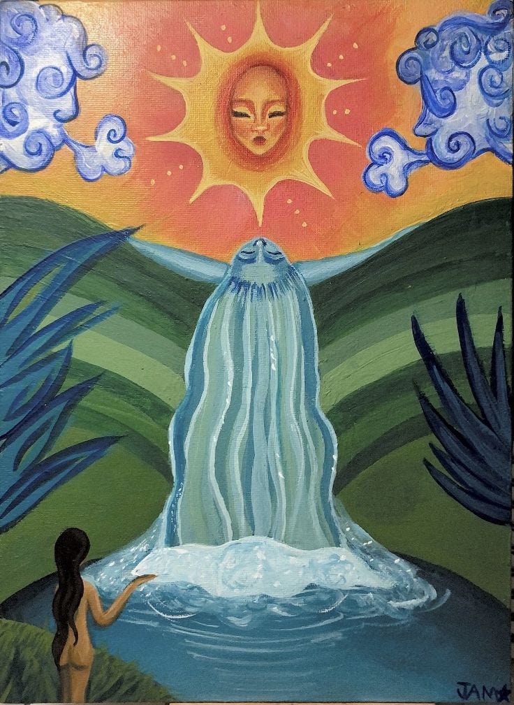 This may contain: a painting of a woman standing in front of a waterfall with the sun above her head