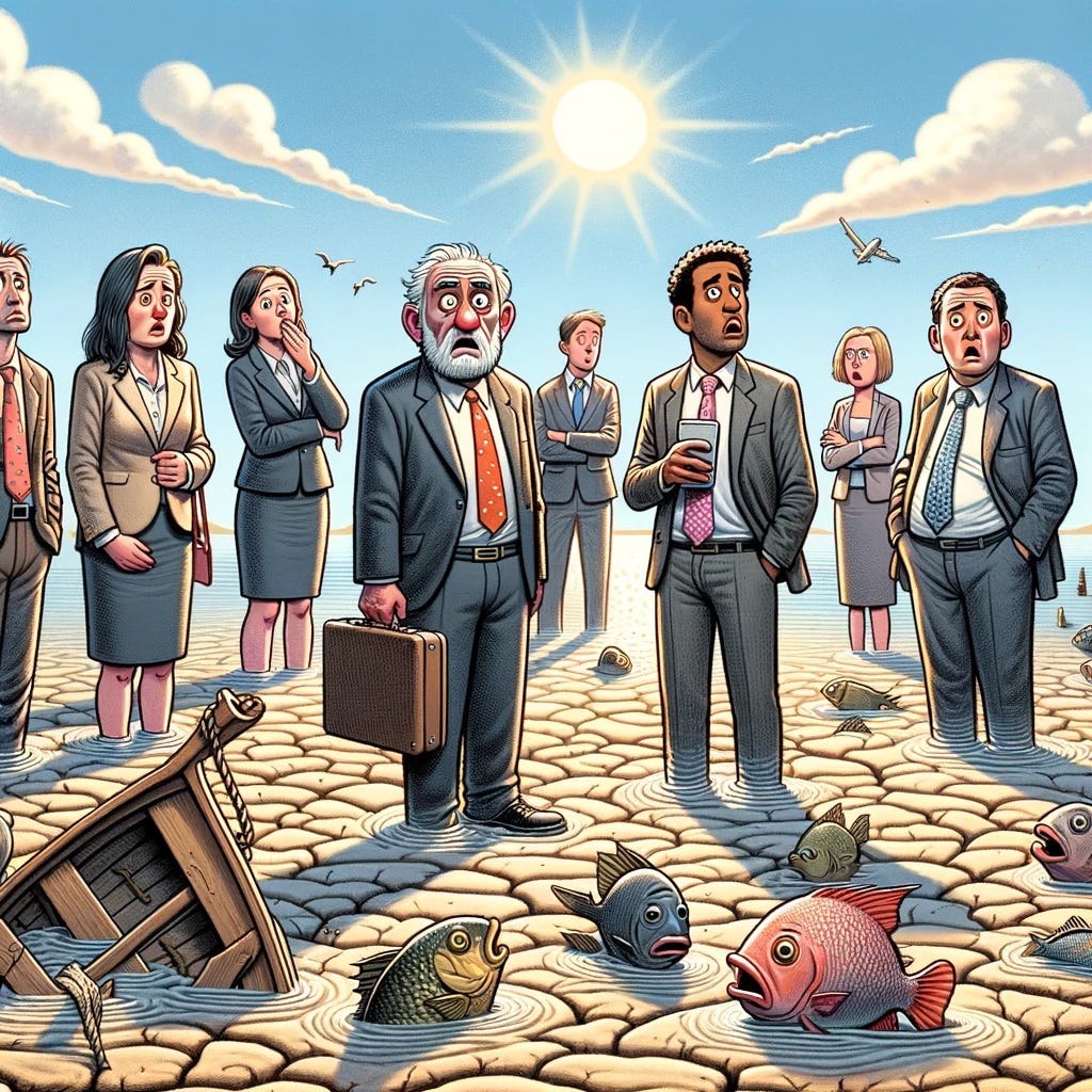 A humorous cartoon depicting the tide going out, leaving a diverse group of investors standing perplexed on a dry seabed. The investors, representing a variety of ethnic backgrounds, are dressed in business attire with ties and briefcases, looking around in confusion as fish flop beside them and a boat sits stranded in the background. The sun is shining brightly above, highlighting the unexpected turn of events. Their expressions range from bewildered to slightly panicked, capturing the essence of being caught unprepared by changing market conditions.