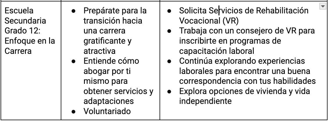 Solicita Servicios de Rehabilitación Vocacional (VR) Trabaja con un consejero de VR para inscribirte en programas de capacitación laboral Continúa explorando experiencias laborales para encontrar una buena correspondencia con tus habilidades Explora opciones de vivienda y vida independiente