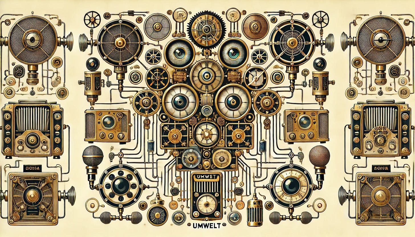 A stylized 1920s retro illustration of interconnected sensor arrays forming an AI's Umwelt. The design features Art Deco aesthetics with intricate gears, analog dials, vintage wiring, and early radio components. The sensor arrays resemble mechanical eyes, microphones, and tactile interfaces, all connected through ornate, brass-like circuitry. The overall composition conveys a fusion of early 20th-century technology and artificial intelligence, giving it a steampunk-futurist feel.