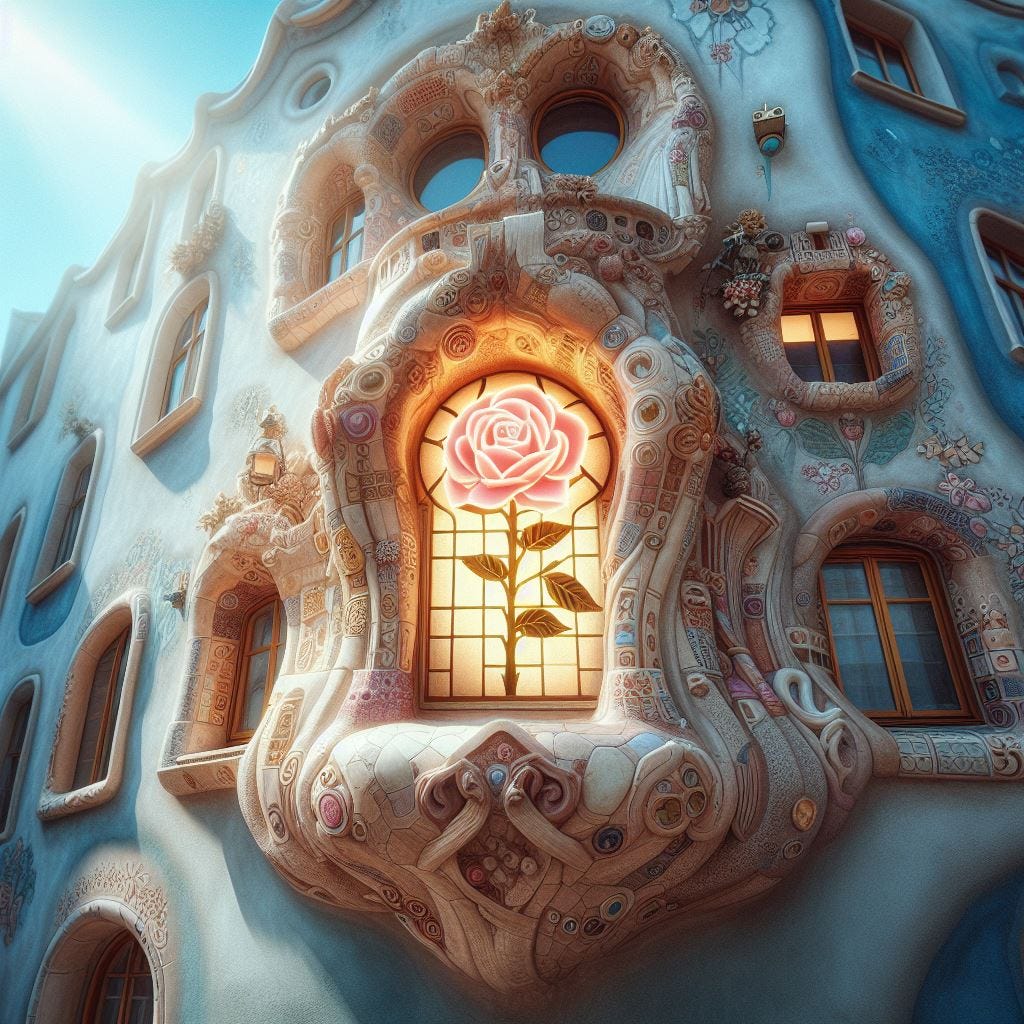 Hyper realistic;tilt shift; light spirit being glowing light with Quatrefoil on wall inside it : light spirit being glowing light with cream Gothic Tracery inside: light rose glowing decorative tiles.light spirit being glowing light contains the Hundertwasserhaus, Vienna, Austria: light encloses  wall. sunny day with cerelean sky.Tilt shift.ethereal . 