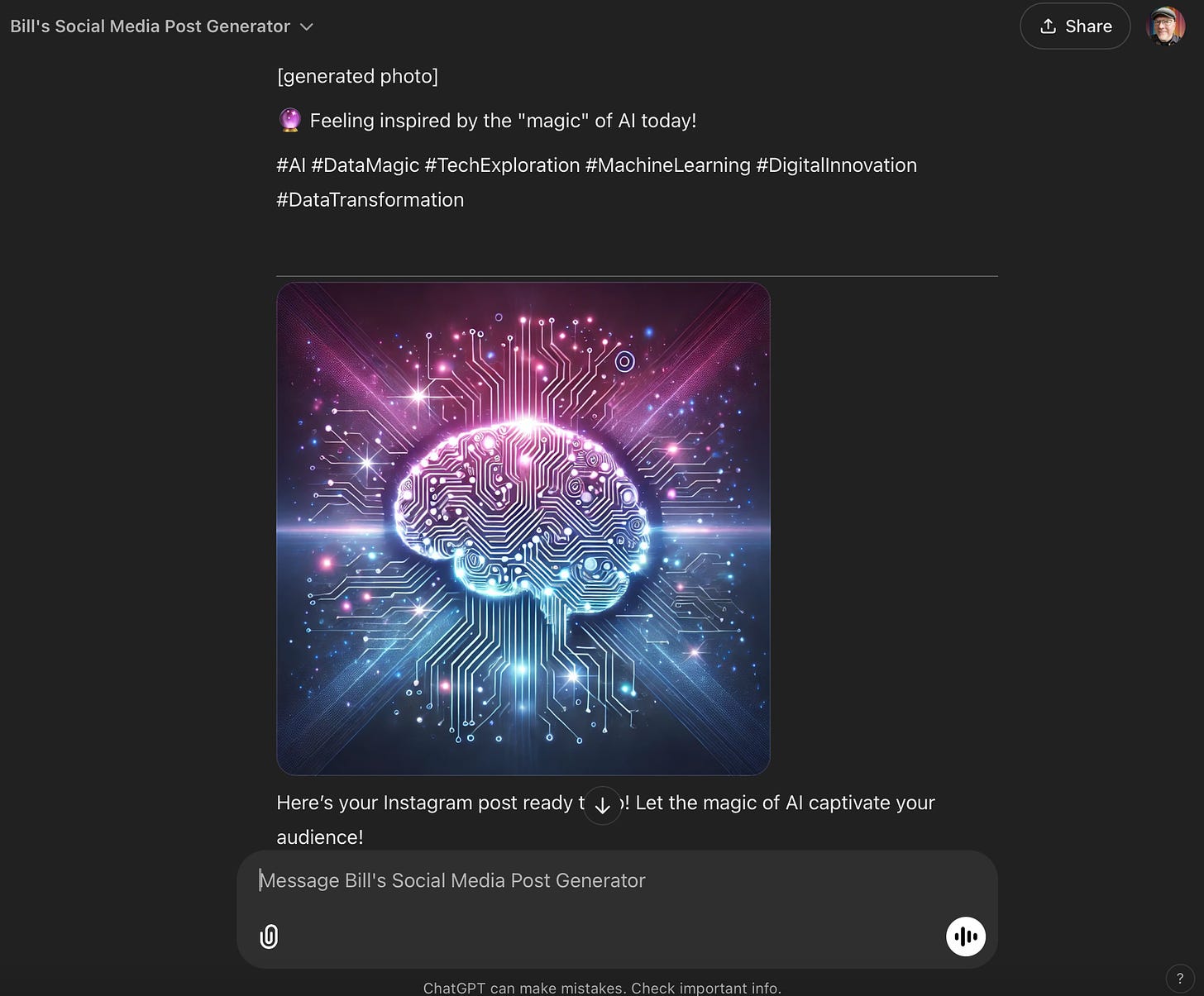 Instagram post draft featuring a vibrant AI-inspired graphic of a glowing circuit brain.