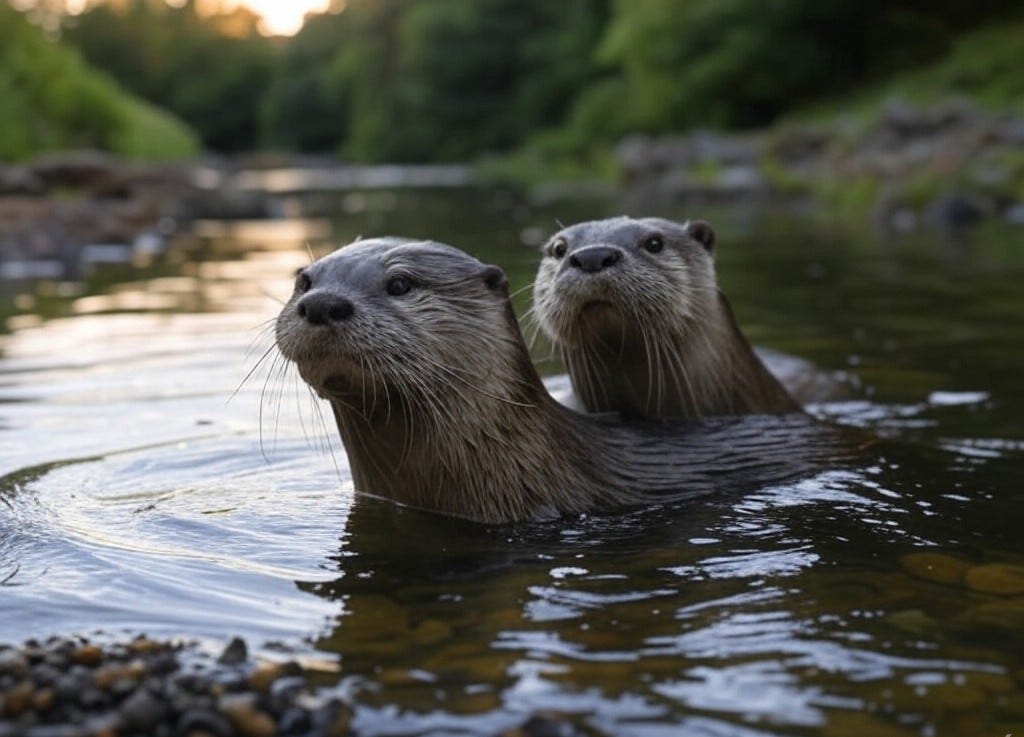Two Otters Swimming in River with Pebble Banks