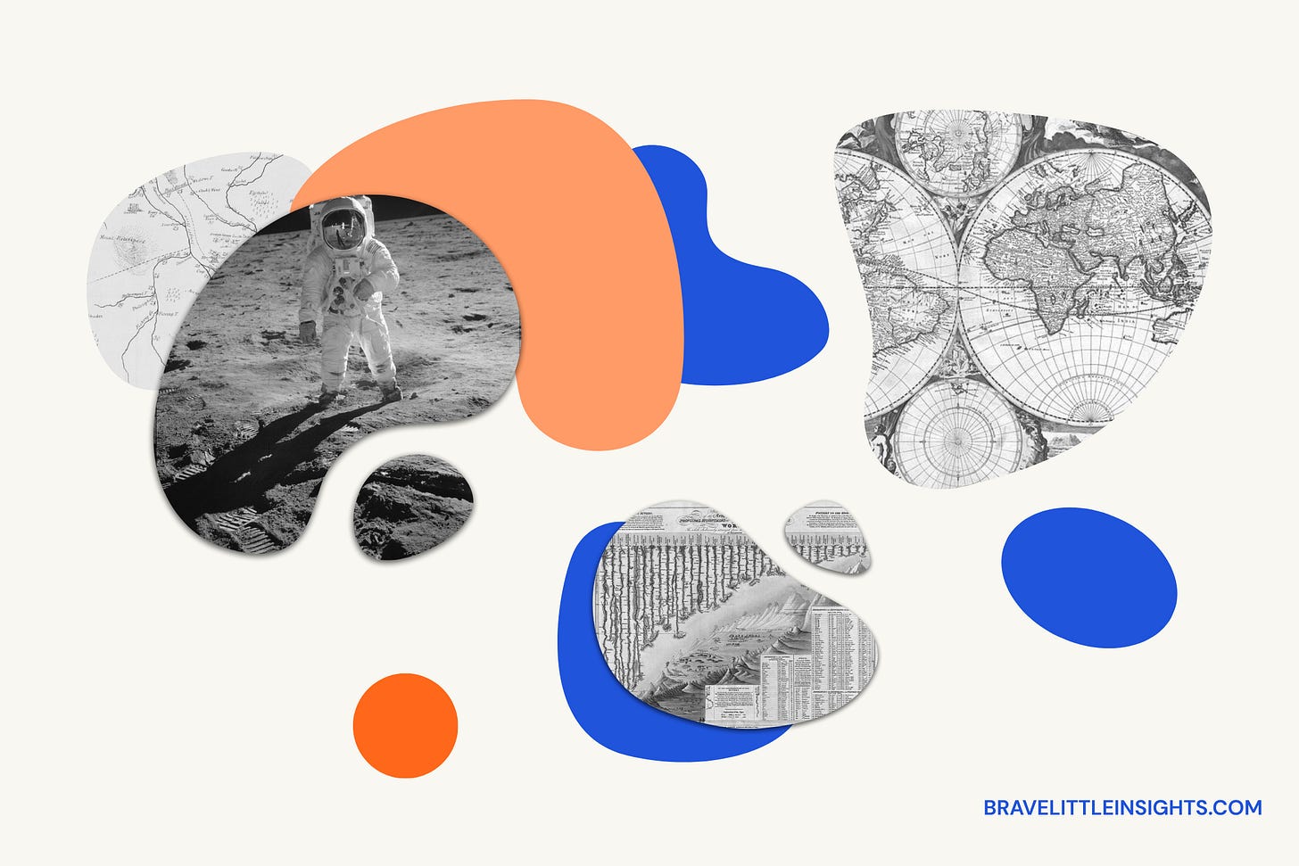 Collage of abstract organic shapes filled with historical maps, a moon landing photo, and a world atlas — symbolizing exploration, discovery, and navigating the unknown in product or innovation journeys. Collage of abstract organic shapes filled with historical maps, a moon landing photo, and a world atlas — symbolizing exploration, discovery, and navigating the unknown in product or innovation journeys.