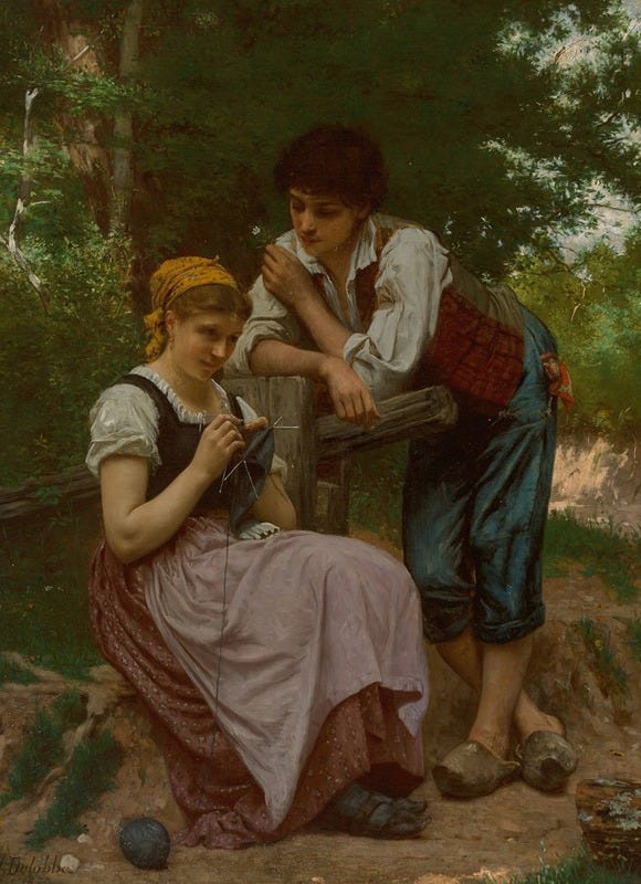 A young girl in a long skirt, apron, and kerchief sits knitting, eyes coyly averted, as a young man bends toward her