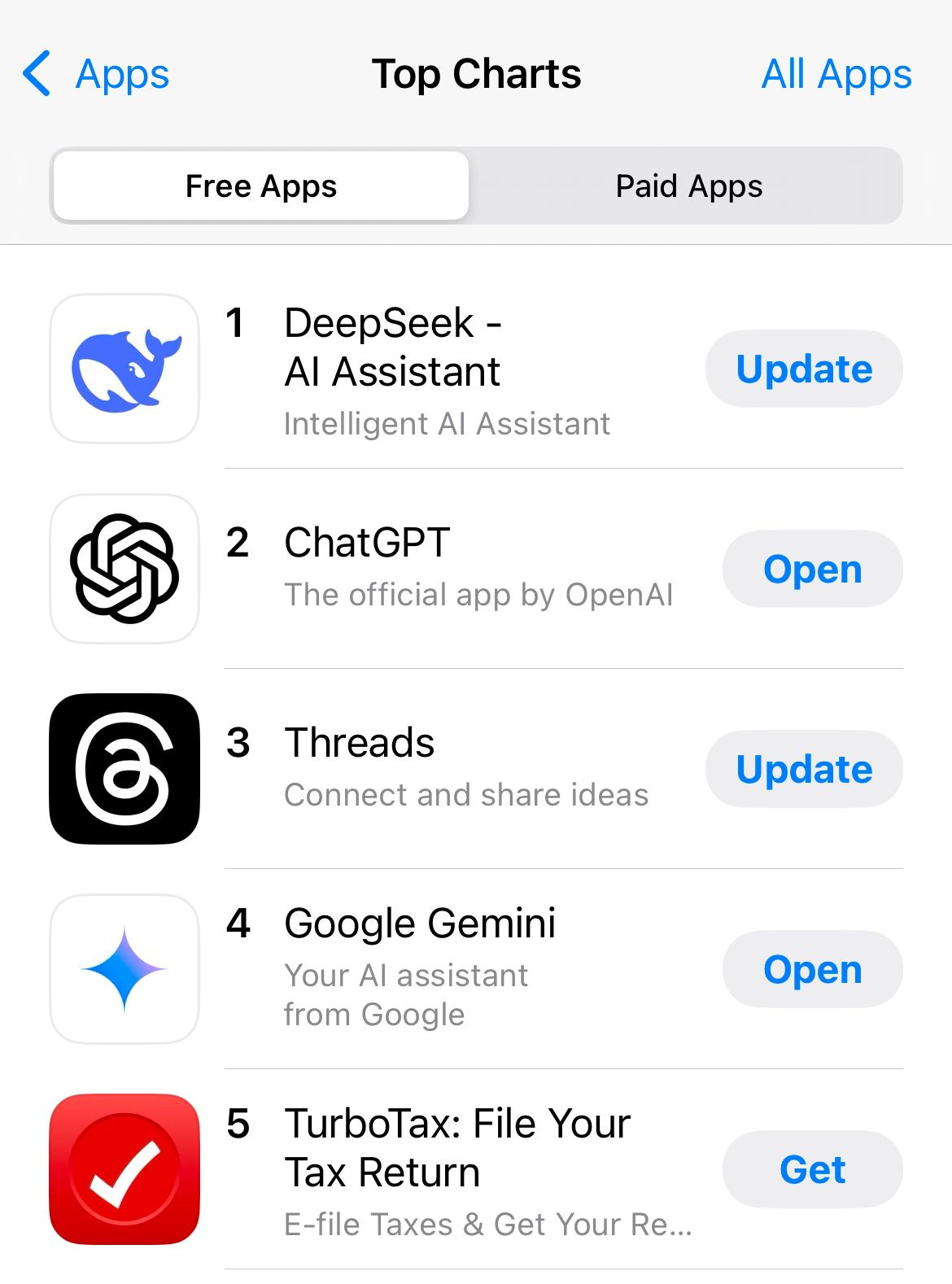 Alt text: A screenshot of the Apple App Store's "Top Charts" for free apps, showing DeepSeek - AI Assistant ranked #1, followed by ChatGPT at #2, Threads at #3, Google Gemini at #4, and TurboTax at #5.