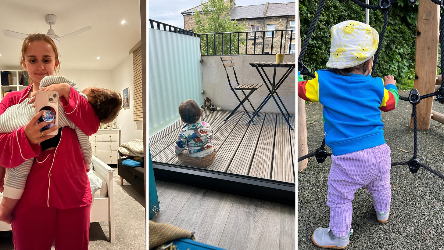 L: Hannah holding Rowan and taking a mirror selfie; M: Rowan playing on an enclosed balcony with his back to the camera; R: Rowan standing up outside at a park with his back to the camera