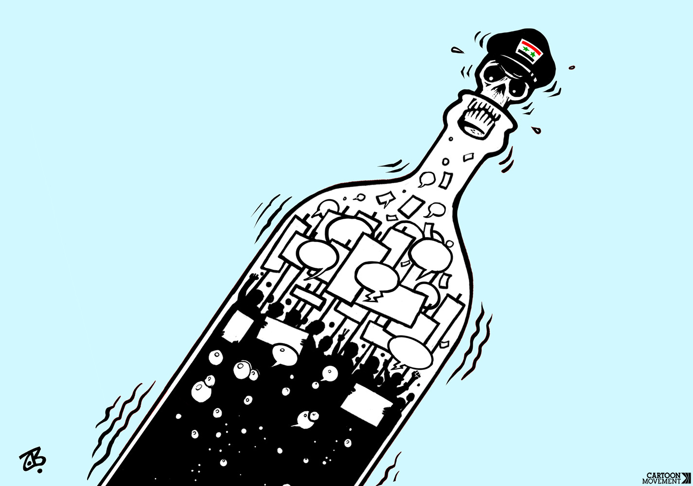 Cartoon showing a bottle capped by a skull with a cap with the flag of Syria. Inside the bottle are people protesting, their speech bubbles rising like the bubbles of champagne to remove the bottle cap.