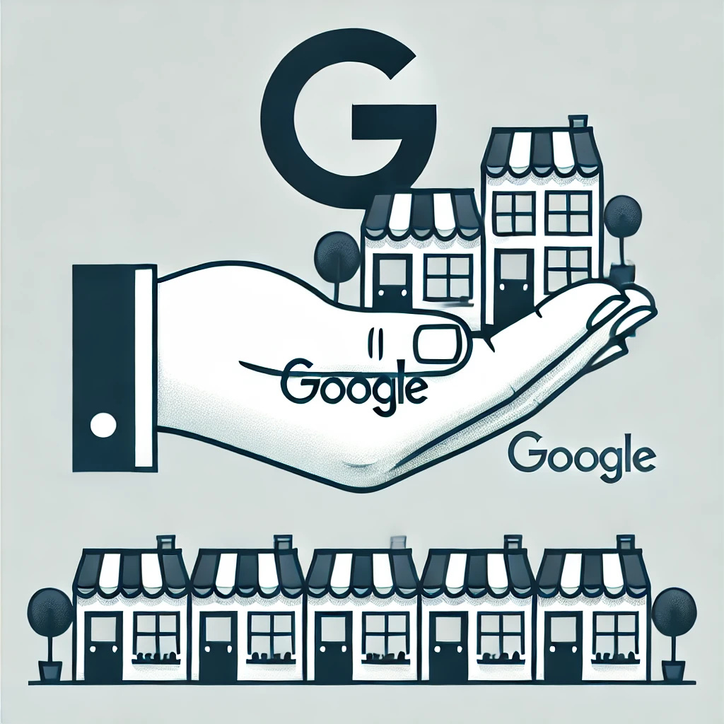 A minimalist graphic representing small businesses supporting Google. The image features a group of small shop buildings or storefronts with a large hand symbolizing support, with the recognizable Google 'G' logo subtly incorporated into the hand. The design is clean and simple, with no text, focusing on the visual representation of support.