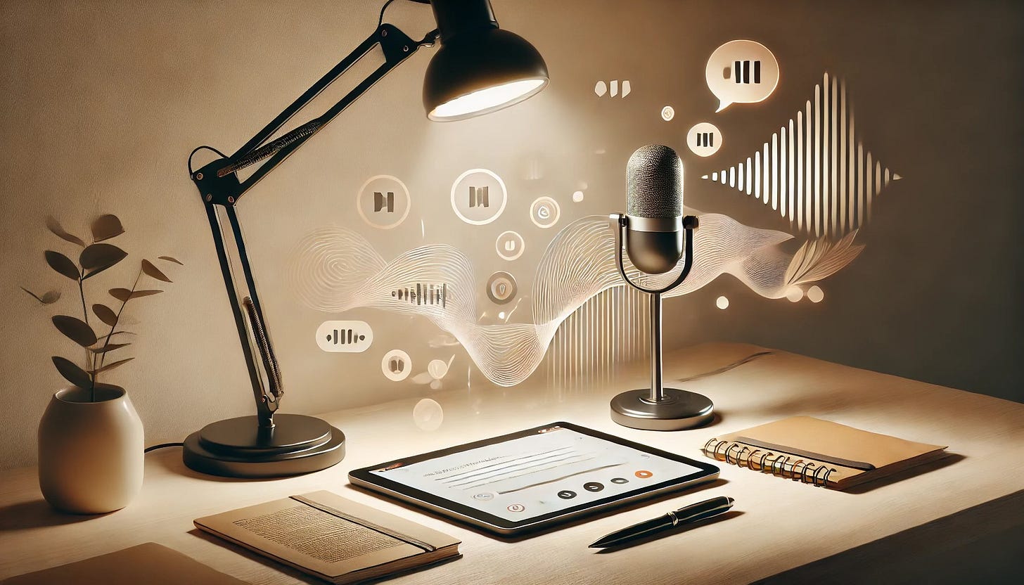 A minimalist desk setup featuring a tablet displaying dictation software, a microphone, and scattered notes. Abstract sound waves and speech bubbles flow from the microphone toward the tablet, symbolizing the conversion of spoken words into text. A desk lamp casts a soft, warm light, creating a focused, creative atmosphere.