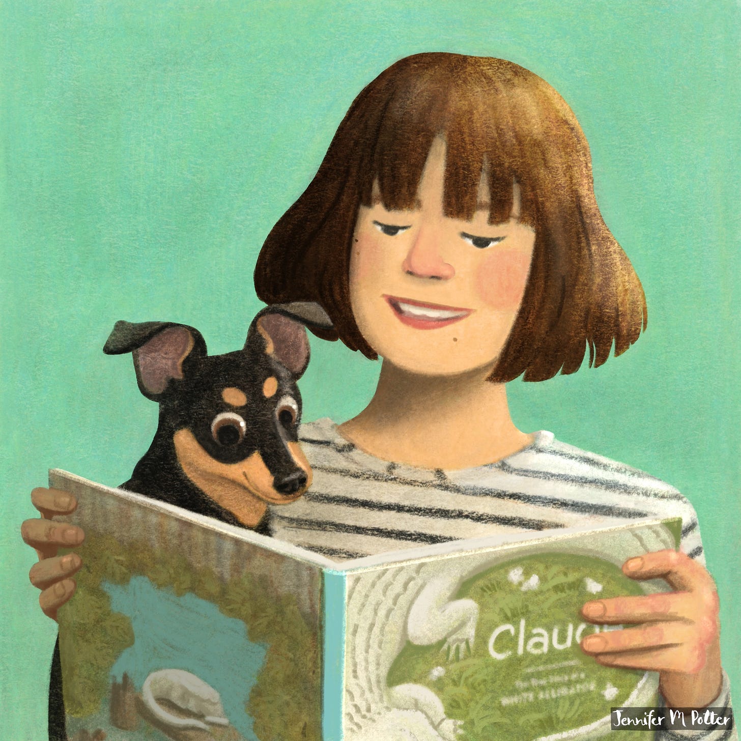 Illustration of a profile pic by Jennifer M Potter. The pic is a self portrait of Jennifer reading her book, Claude, to her dog, Frisket.
