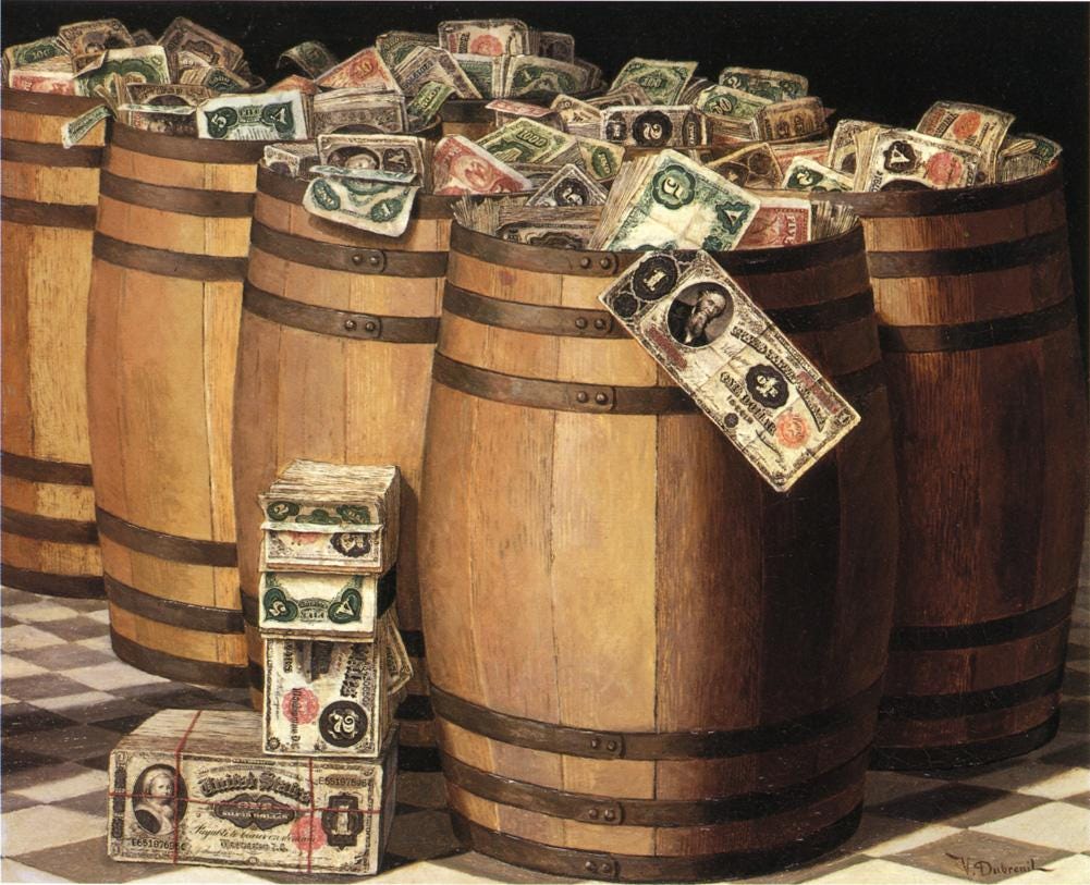 File:Victor Dubreuil - Barrels on Money, c. 1897 oil on canvas.jpg -  Wikimedia Commons