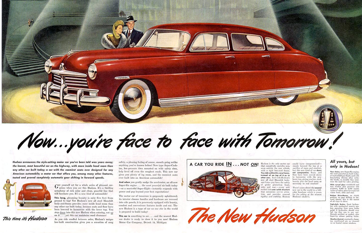 advertisement from 1949 featuring man and woman looking huge new car