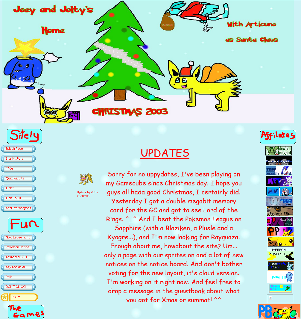 Joey & Jolty's Home website layout from December 2003
