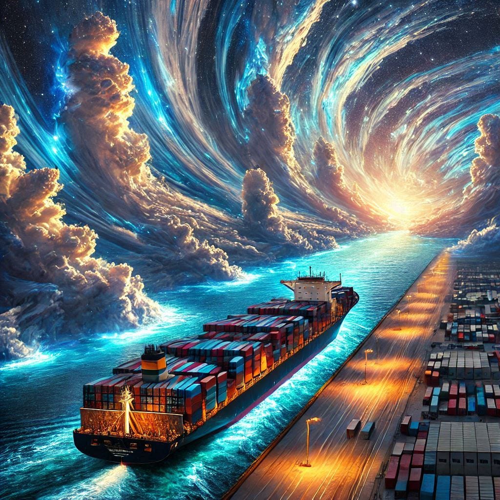 extraordinary and beautiful visual masterpiece featuring a container ship and the ocean